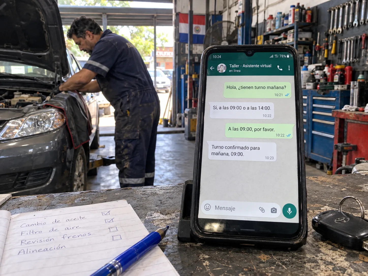 Asistente de WhatsApp confirmando un turno en un taller mecánico